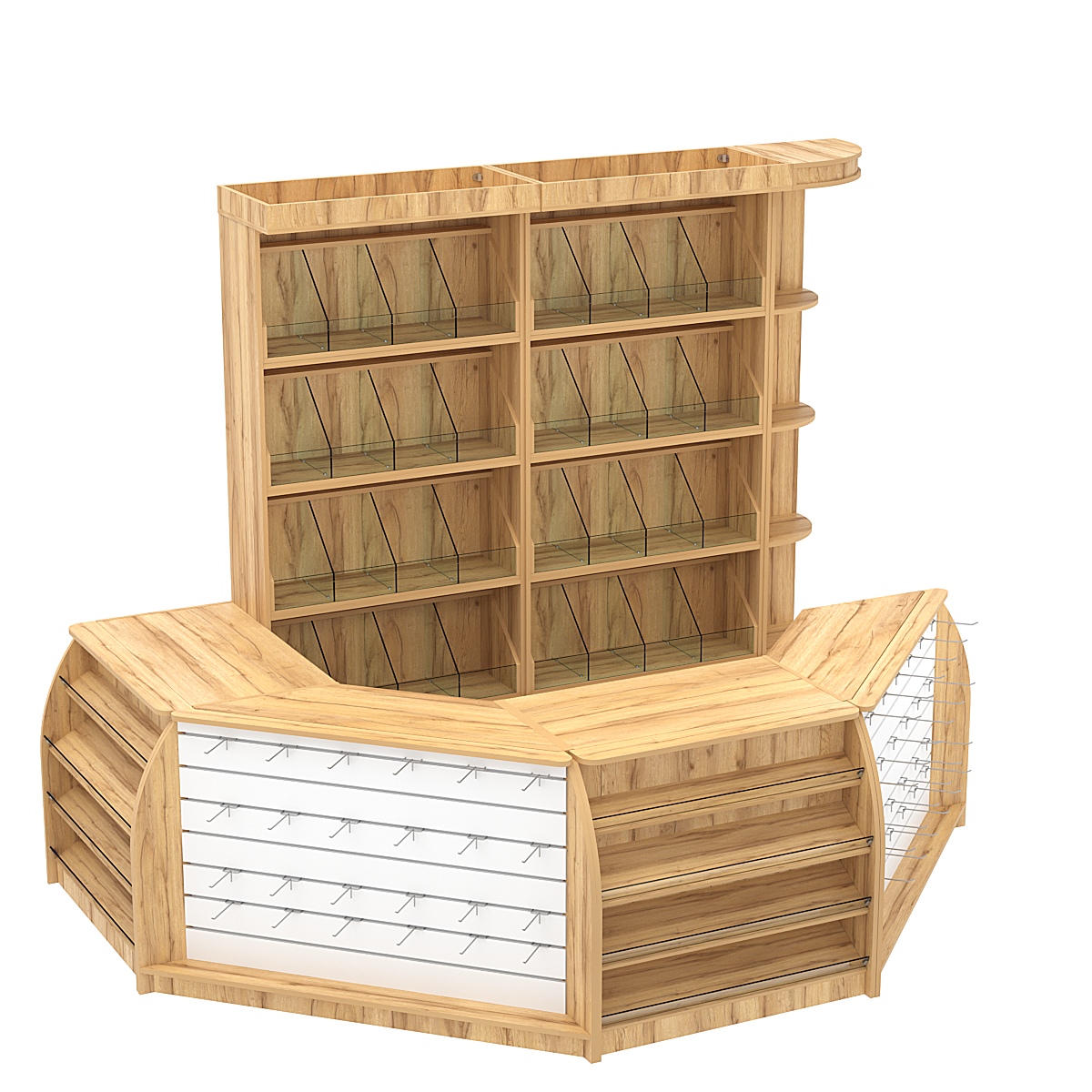 Комплект кассовой зоны со скосами и стеллажами под конфеты и орехи средний №2-1 Дуб Золотистый