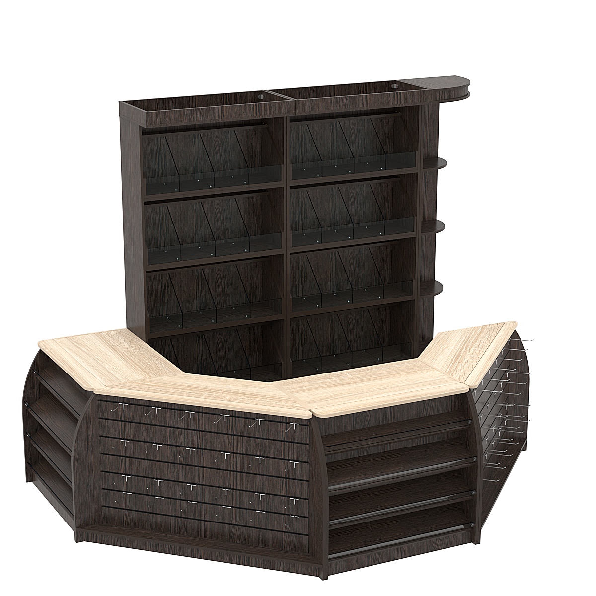 Комплект кассовой зоны со скосами и стеллажами под конфеты и орехи средний №2-1 Дуб Венге и Дуб Сонома