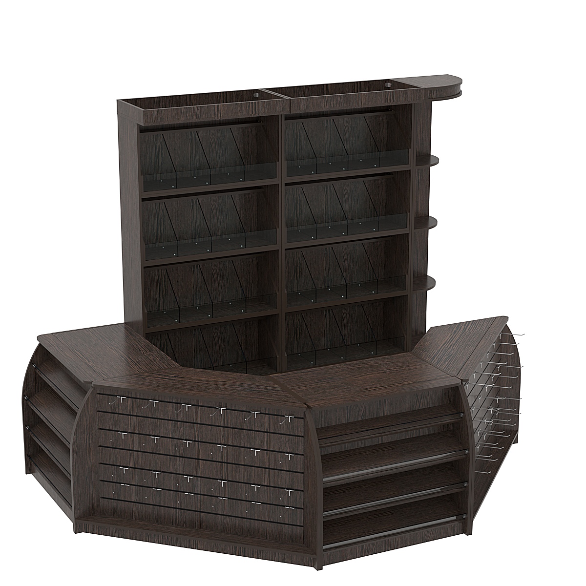 Комплект кассовой зоны со скосами и стеллажами под конфеты и орехи средний №2-1 Дуб Венге