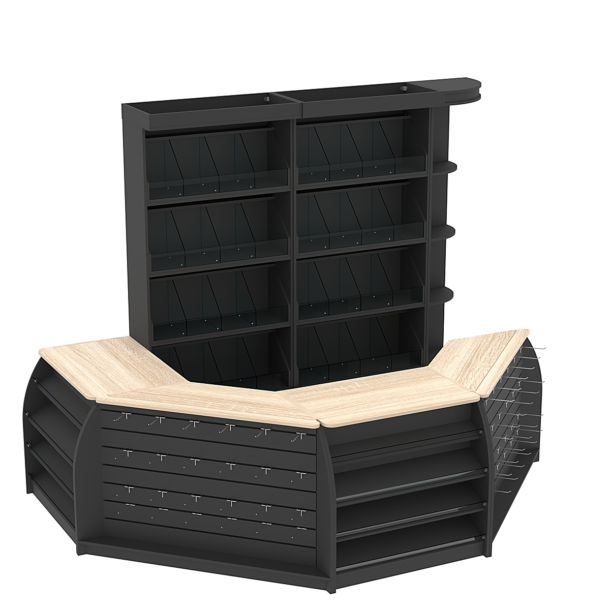 Комплект кассовой зоны со скосами и стеллажами под конфеты и орехи средний №2-1 Черный + Дуб Сонома