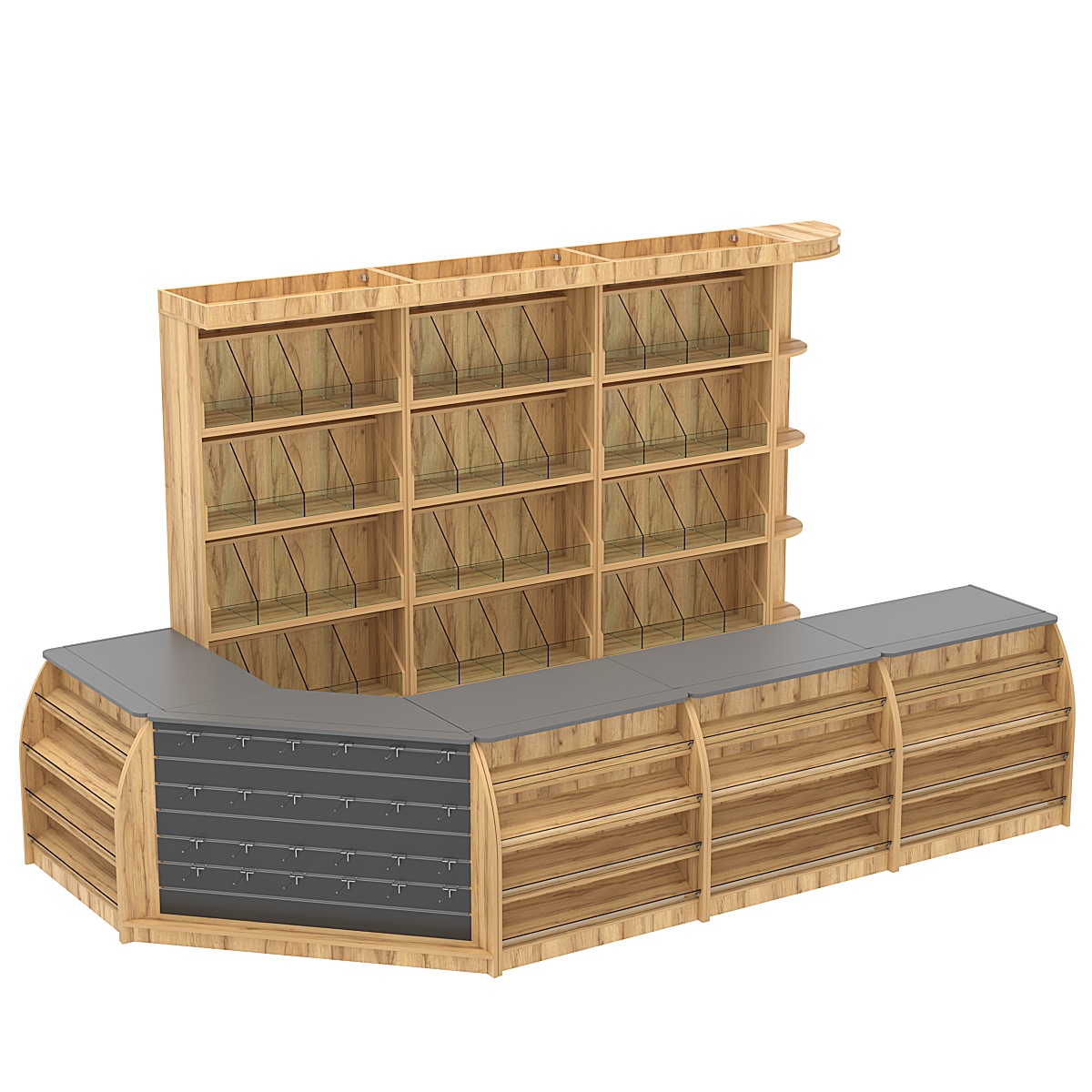 Комплект кассовой зоны со стеллажами под конфеты и орехи большой №3 Дуб Золотистый и Темно-Серый