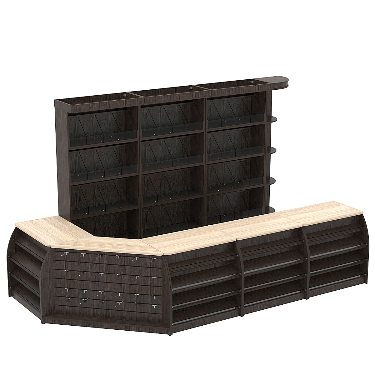 Комплект кассовой зоны со стеллажами под конфеты и орехи большой №3 Дуб Венге и Дуб Сонома