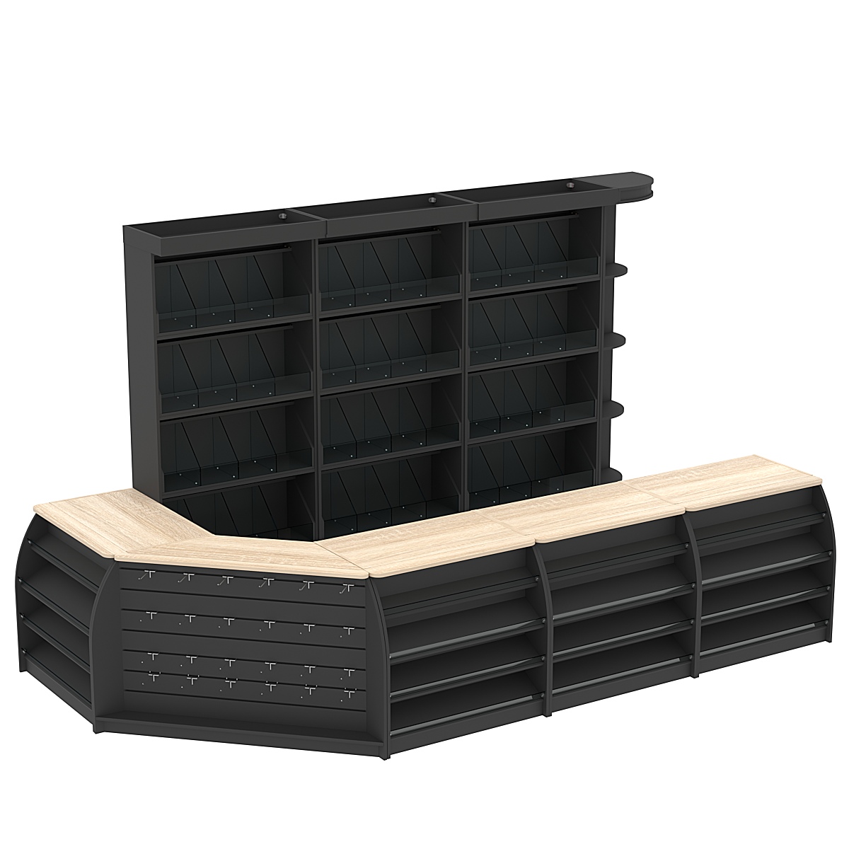 Комплект кассовой зоны со стеллажами под конфеты и орехи большой №3 Черный + Дуб Сонома