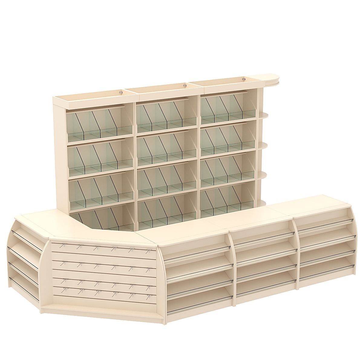 Комплект кассовой зоны со стеллажами под конфеты и орехи большой №3 Крем Вайс