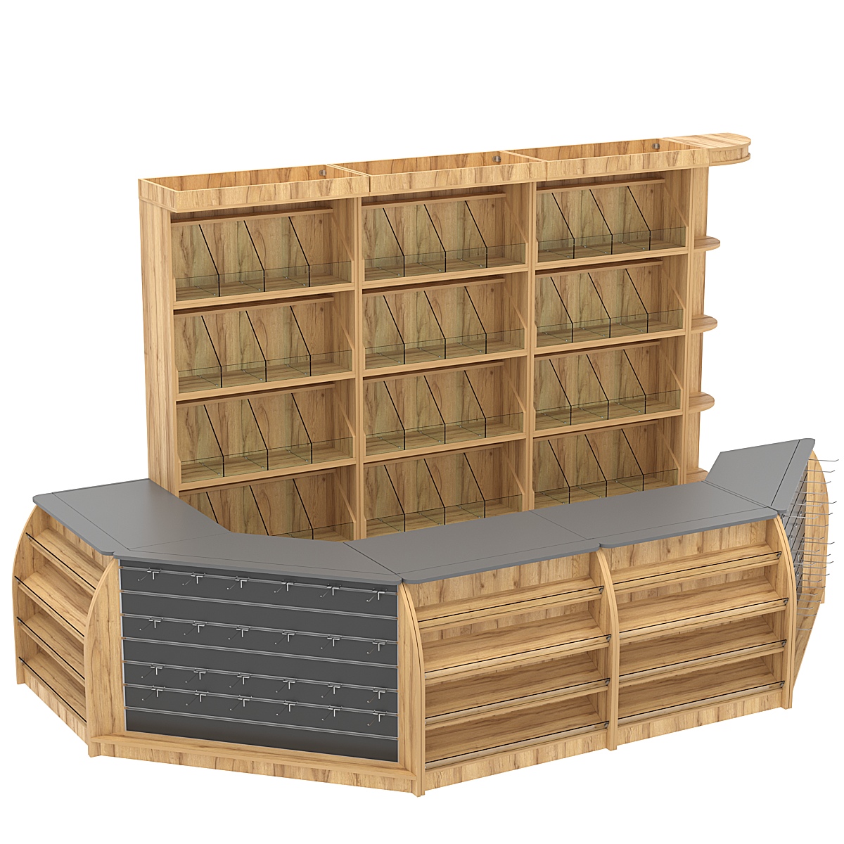 Комплект кассовой зоны со скосами и стеллажами под конфеты и орехи большой №3-1 Дуб Золотистый и Темно-Серый