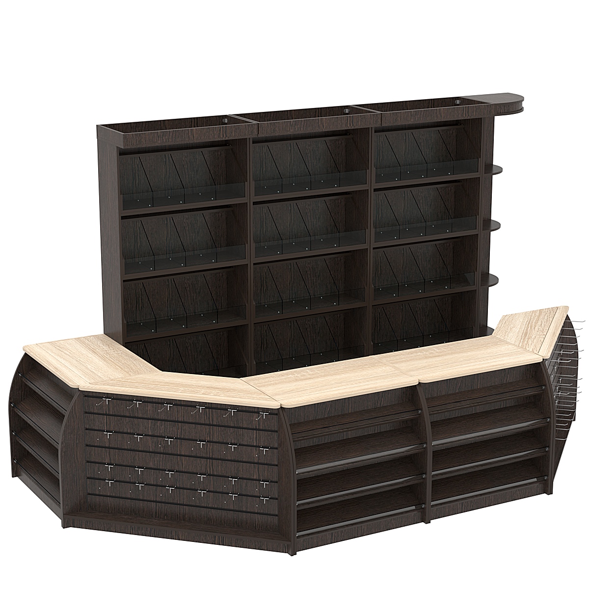Комплект кассовой зоны со скосами и стеллажами под конфеты и орехи большой №3-1 Дуб Венге и Дуб Сонома