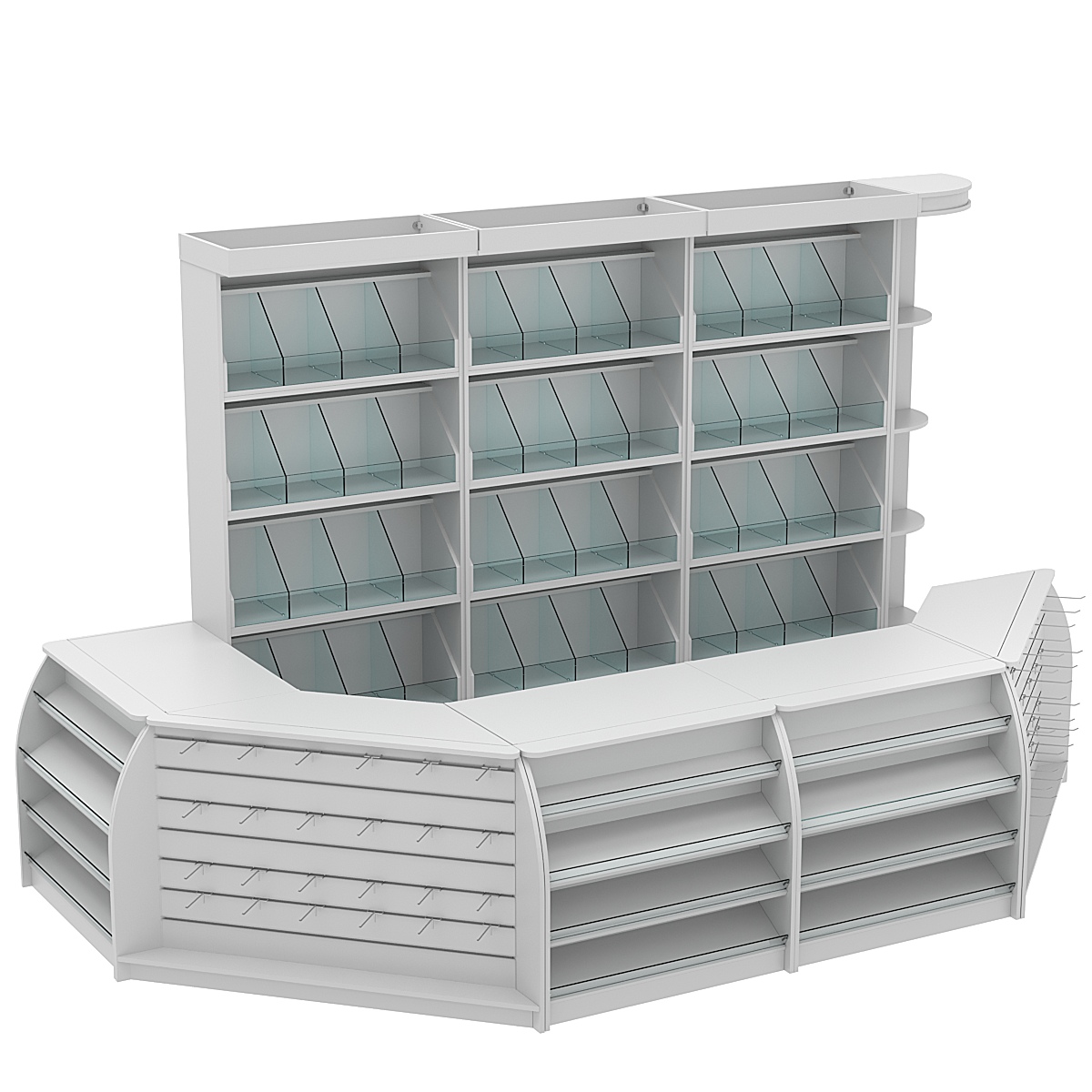 Комплект кассовой зоны со скосами и стеллажами под конфеты и орехи большой №3-1 Серый