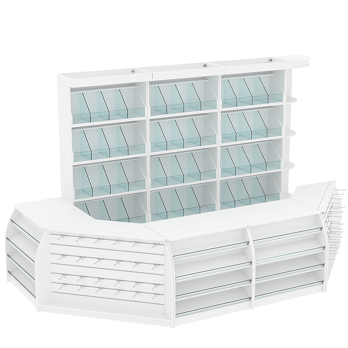 Комплект кассовой зоны со скосами и стеллажами под конфеты и орехи большой №3-1 Белый