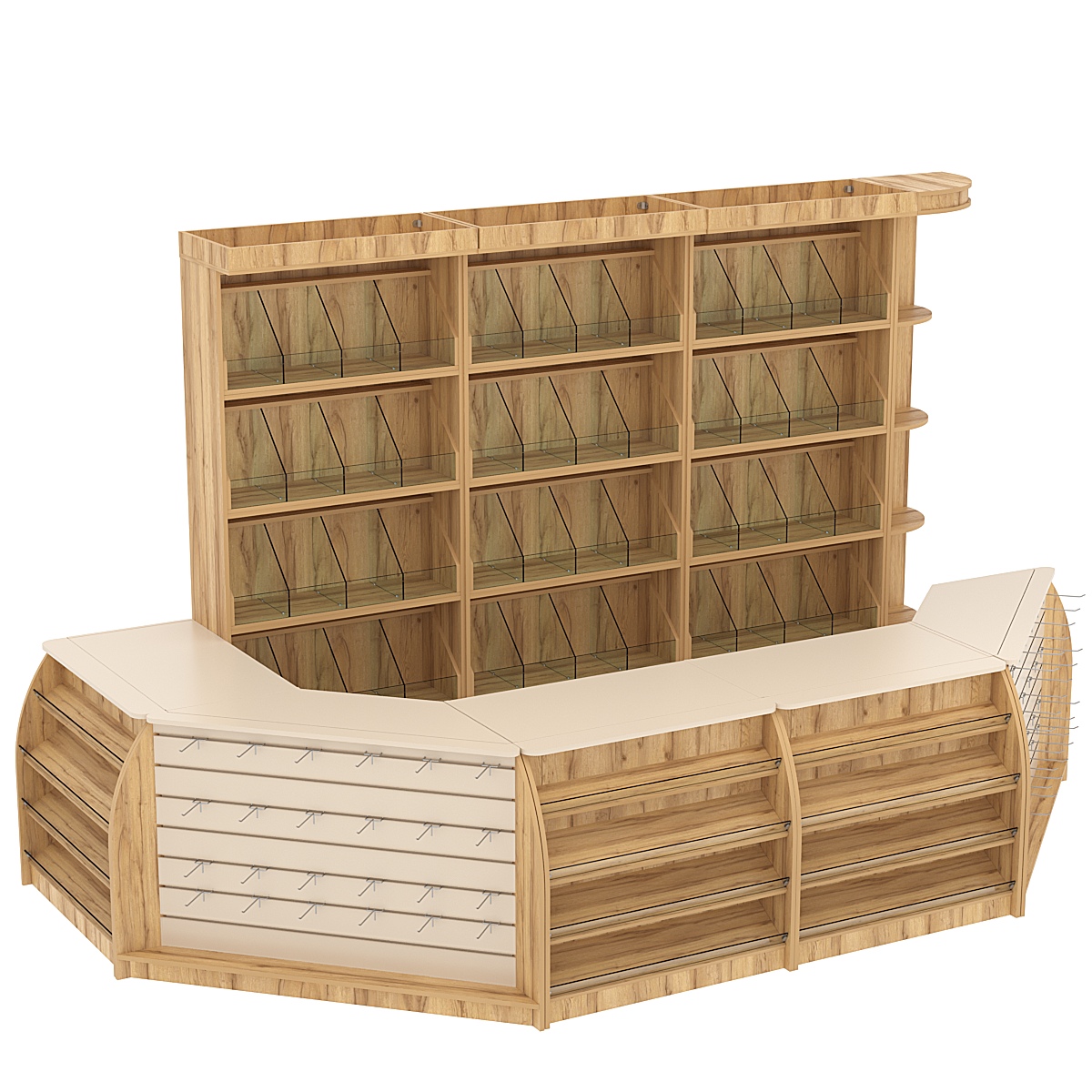 Комплект кассовой зоны со скосами и стеллажами под конфеты и орехи большой №3-1 Дуб Золотистый Крем Вайс