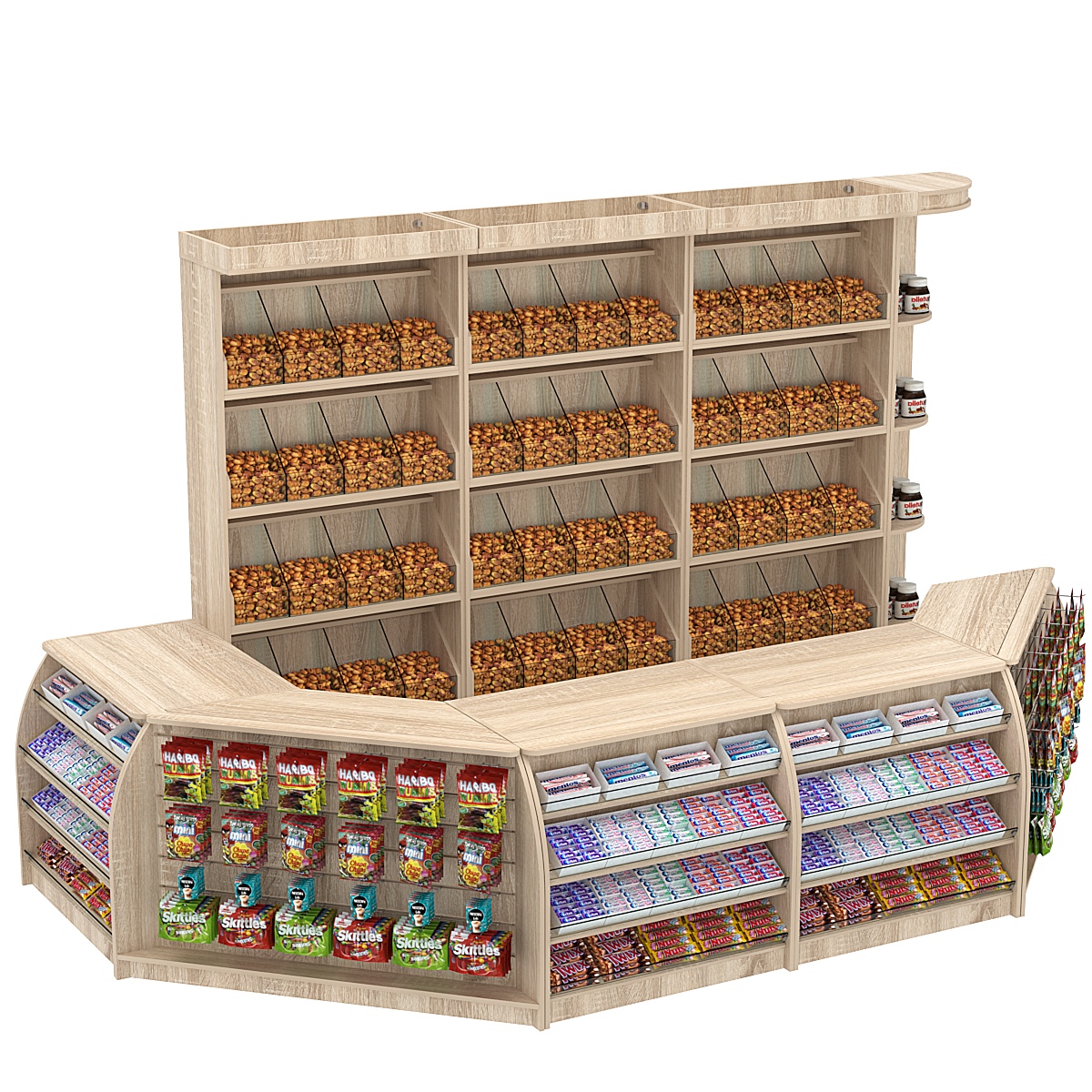 Комплект кассовой зоны со скосами и стеллажами под конфеты и орехи большой №3-1 Дуб сонома