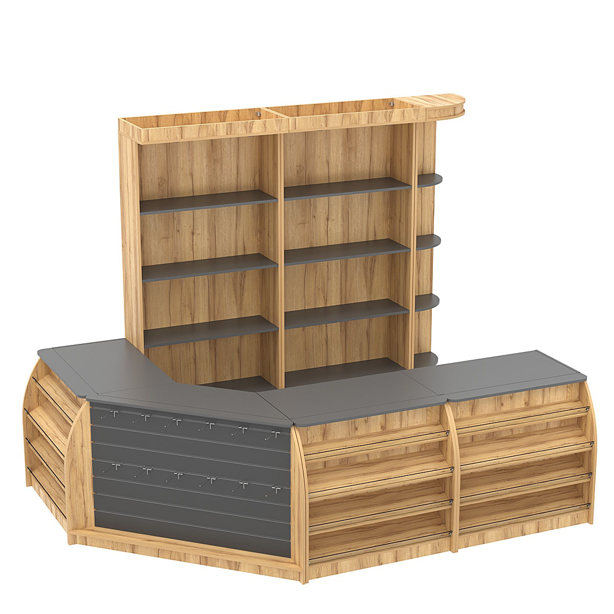 Комплект кассовой зоны со скошенным фасадом в магазин одежды большой №3-1 Дуб Золотистый и Темно-Серый