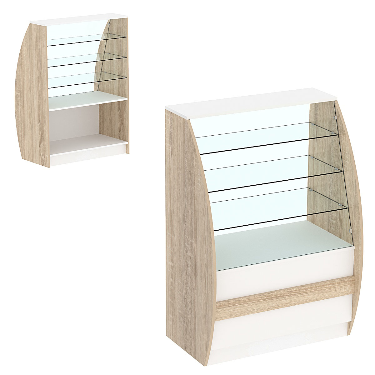 Торговый прилавок со стеклом серии БРИЗ №1-900 широкий Белый + Дуб Сонома