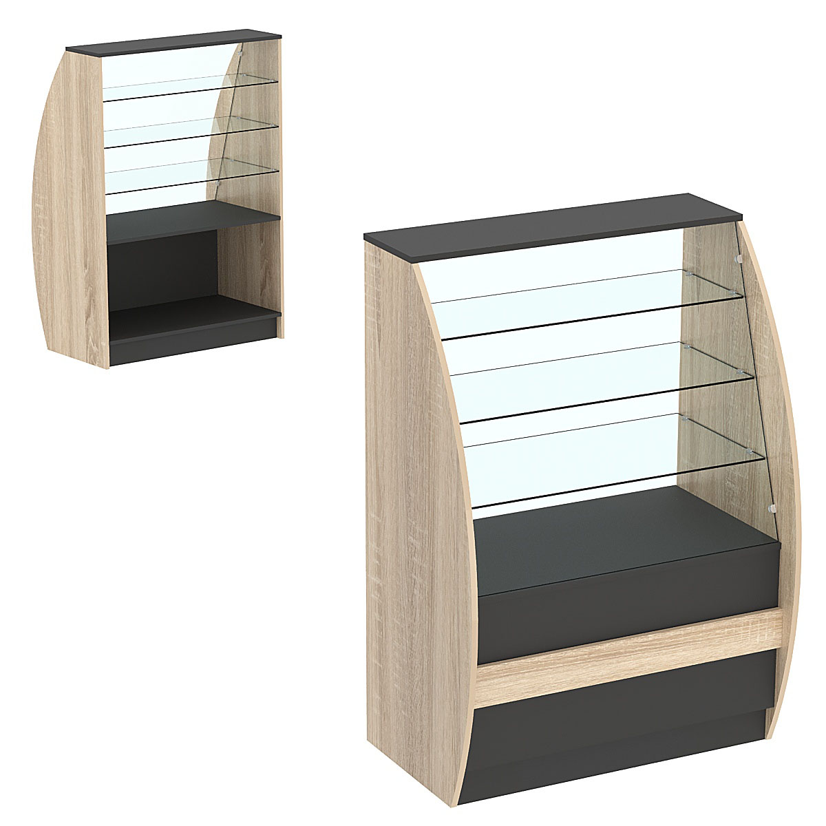 Торговый прилавок со стеклом серии БРИЗ №1-900 широкий Черный + Дуб Сонома