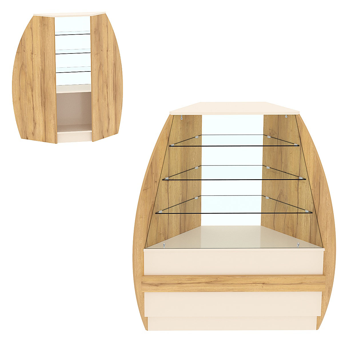 Торговый прилавок со стеклом серии БРИЗ №3 угловой (внешний угол) Крем Вайс и Дуб Золотистый