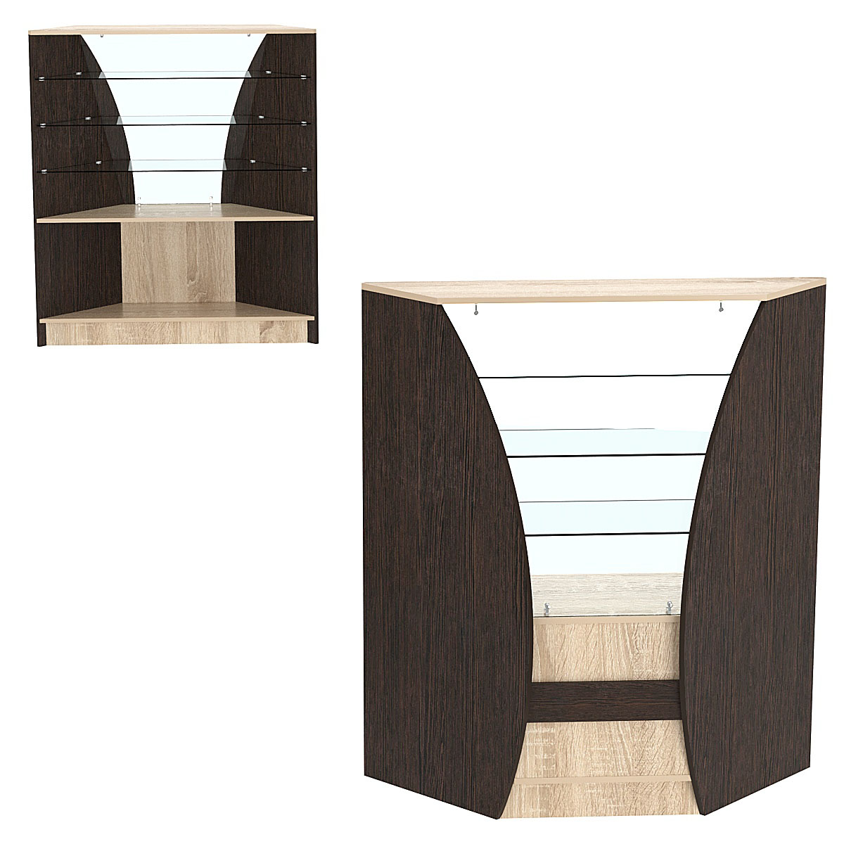 Торговый прилавок со стеклом серии БРИЗ №4 угловой (внутренний угол) Дуб Сонома + Дуб Венге