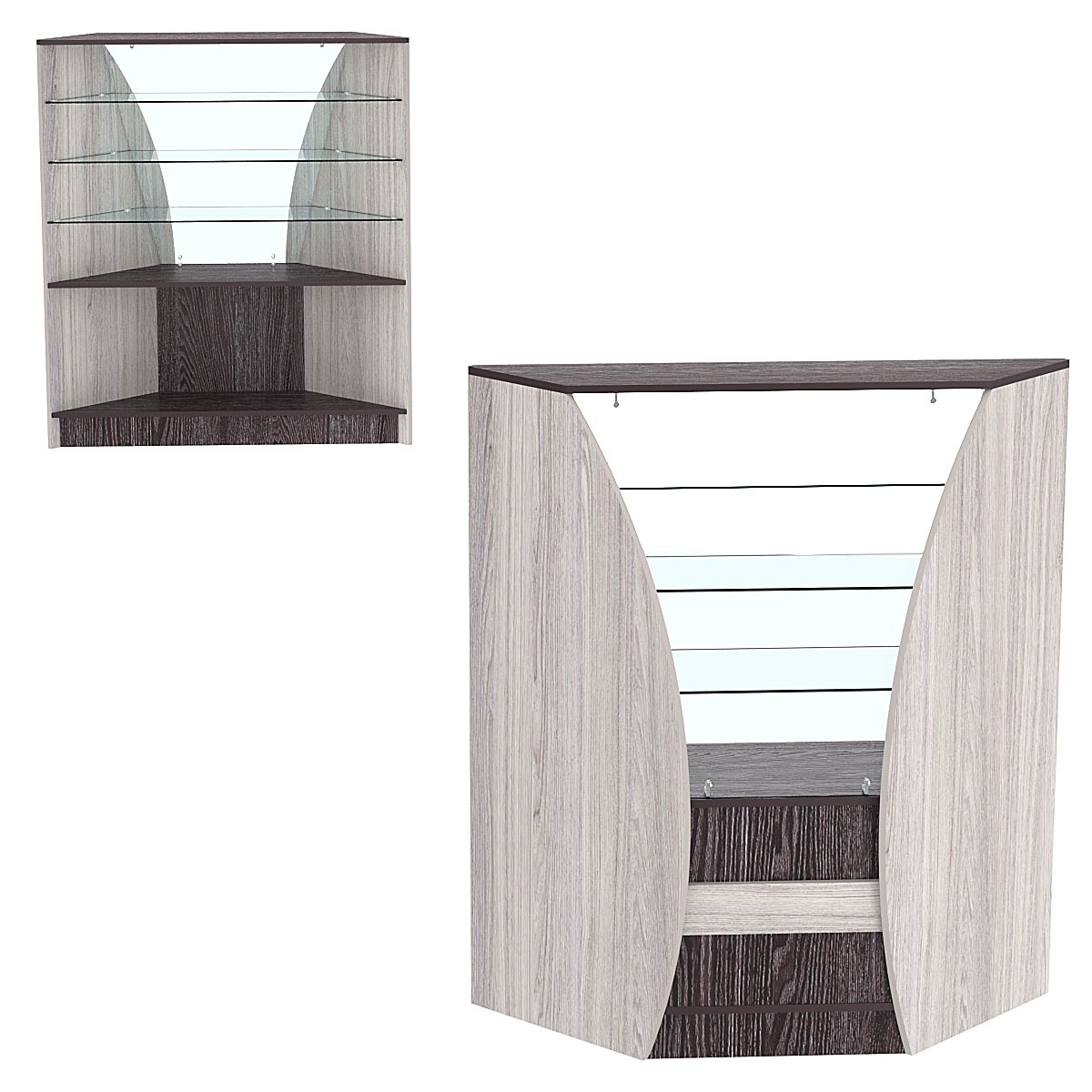 Торговый прилавок со стеклом серии БРИЗ №4 угловой (внутренний угол) Ясень Анкор темный + Ясень Анкор светлый