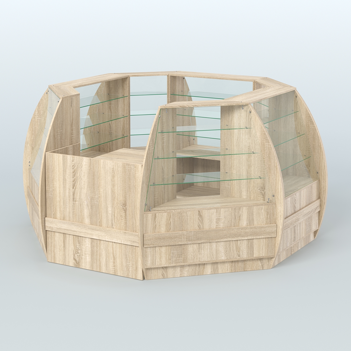 Торговый островок из стекла и дсп БРИЗ закругленный №1 Дуб сонома