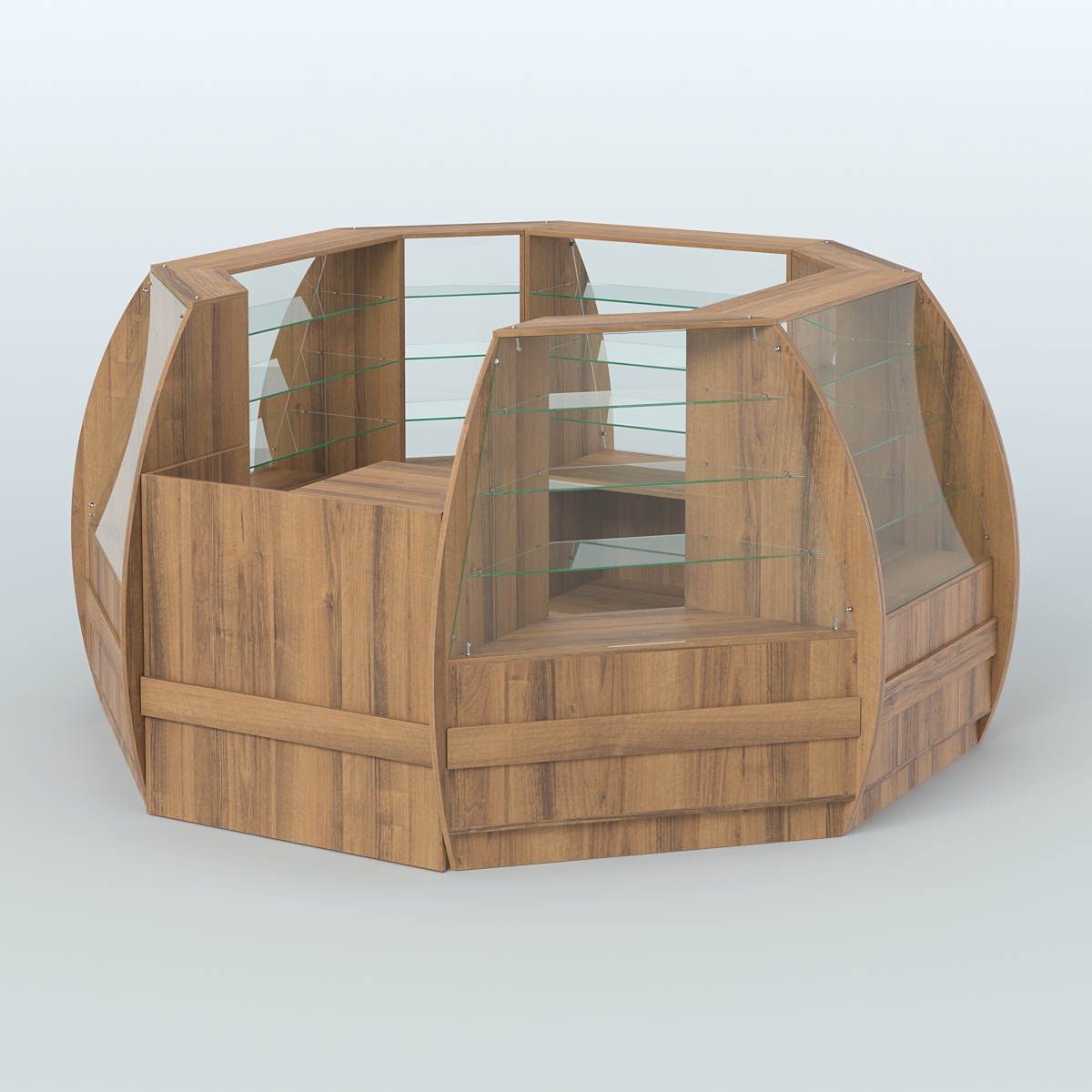 Торговый островок из стекла и дсп БРИЗ закругленный №1 Орех