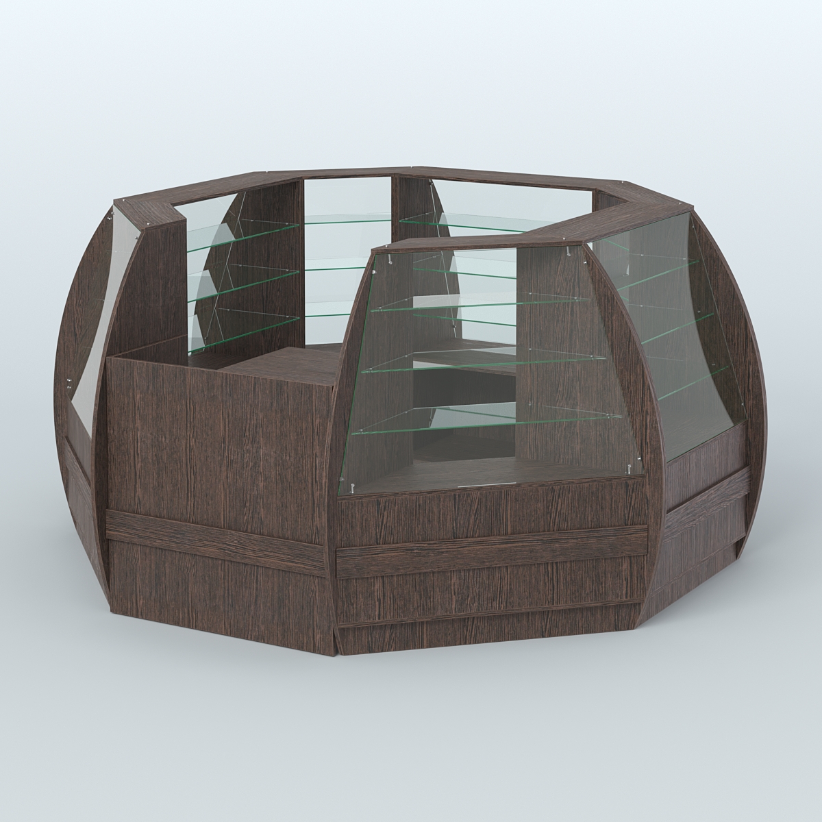 Торговый островок из стекла и дсп БРИЗ закругленный №1 Дуб Венге