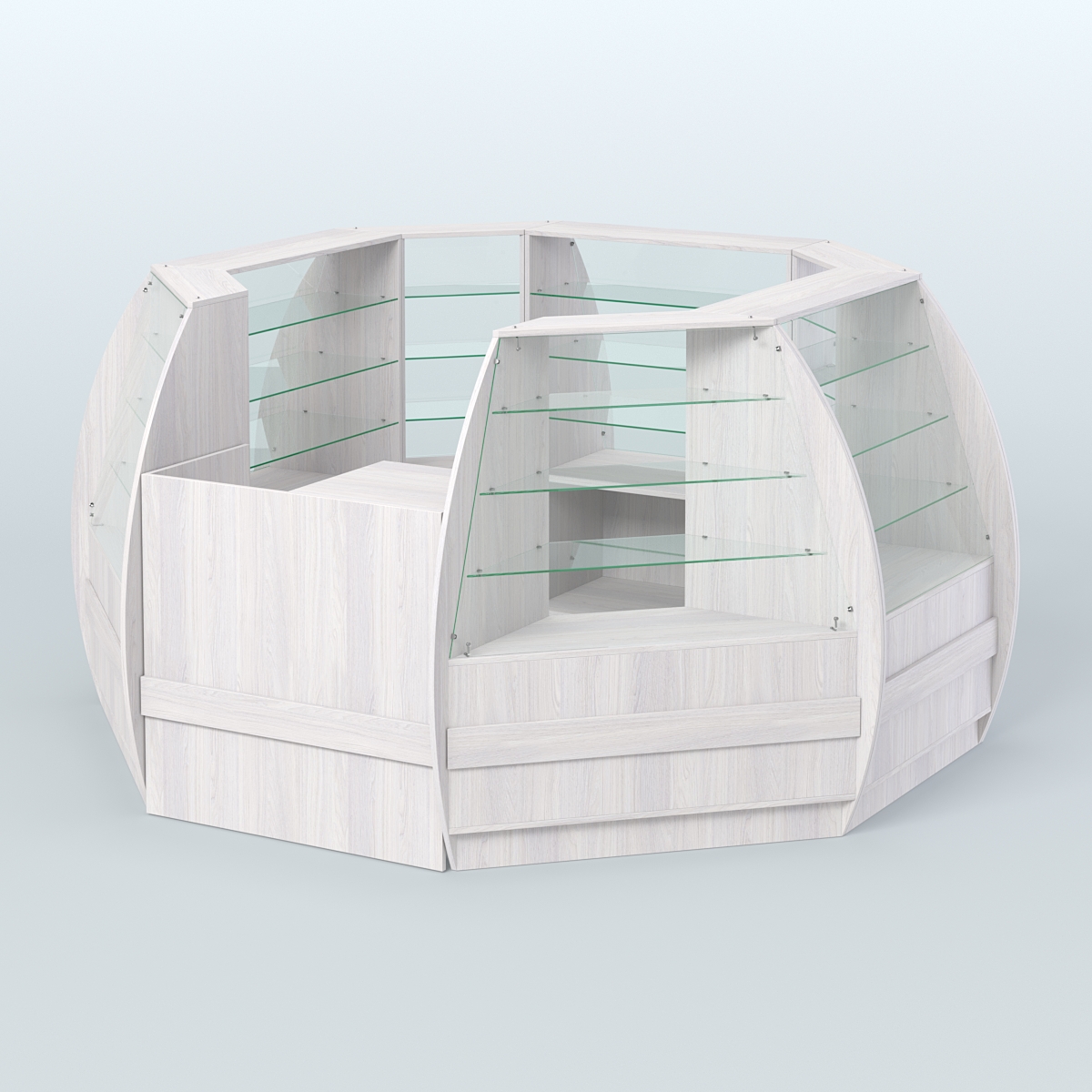 Торговый островок из стекла и дсп БРИЗ закругленный №1 Ясень Анкор светлый