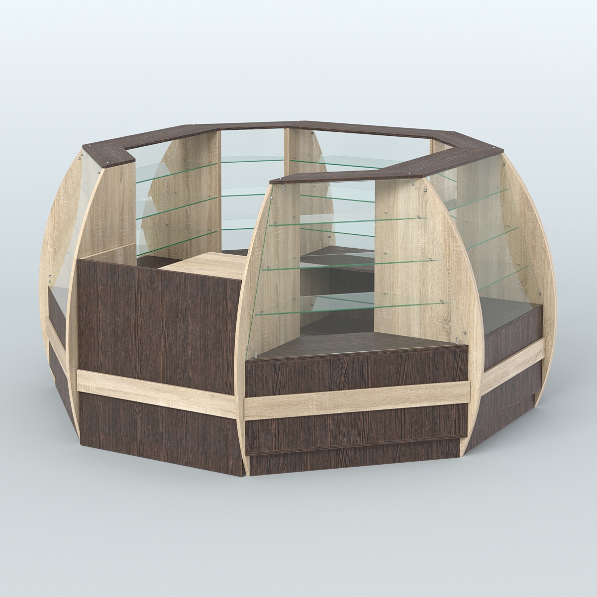 Торговый островок из стекла и дсп БРИЗ закругленный №1 Дуб Сонома + Дуб Венге