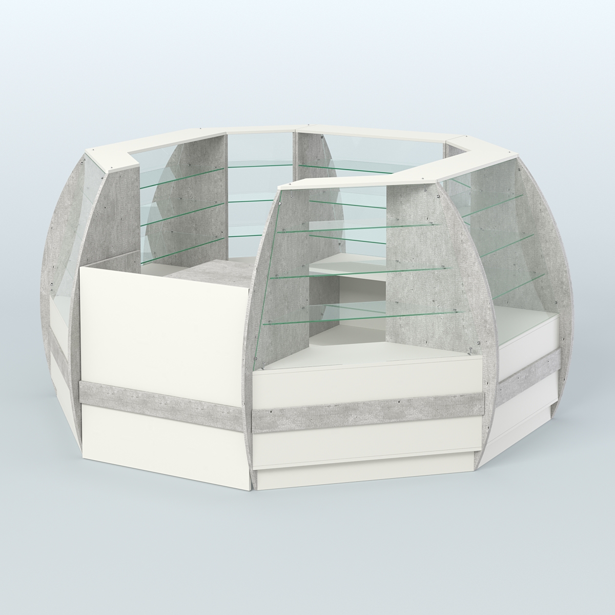 Торговый островок из стекла и дсп БРИЗ закругленный №1 Метрополитан Грей + Белый