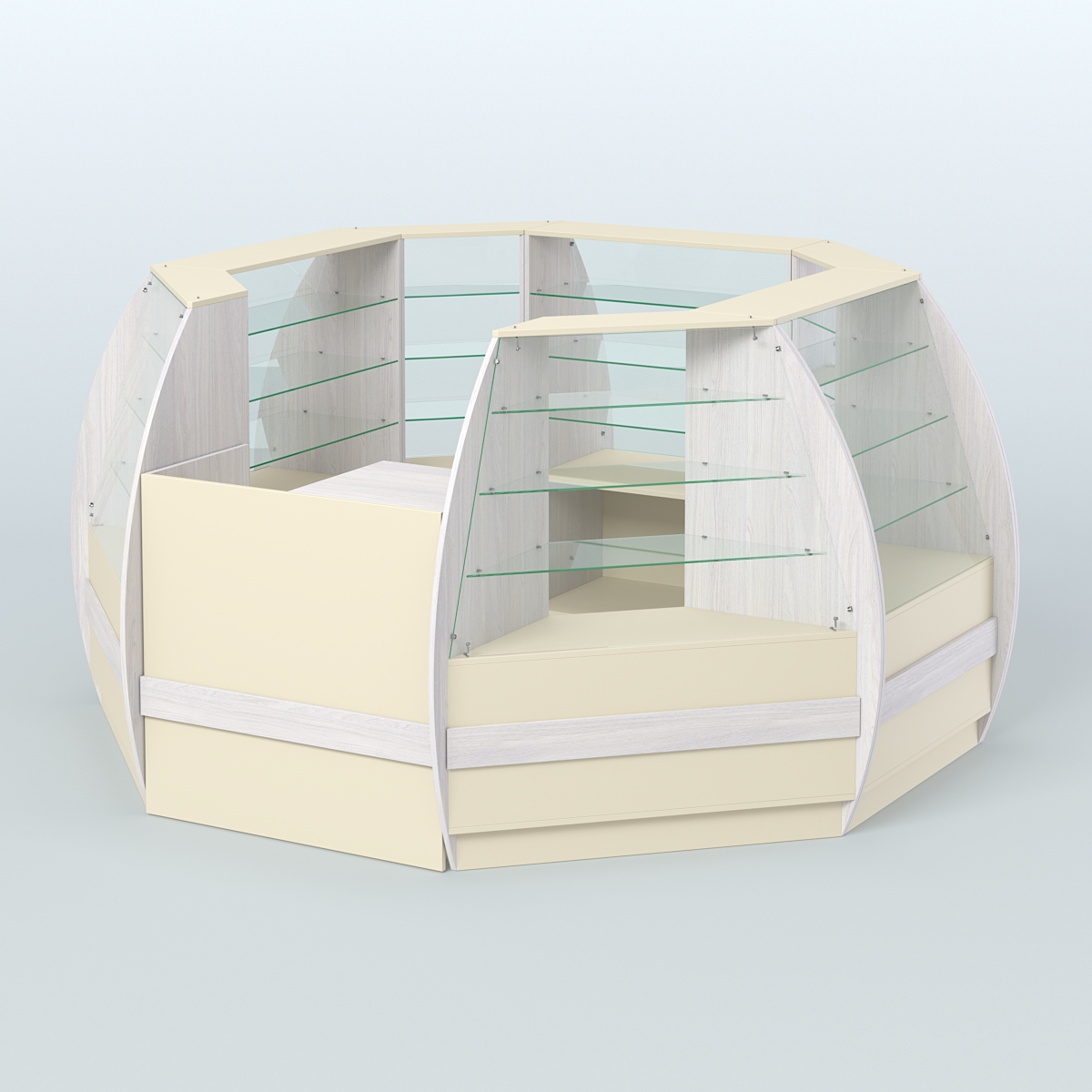 Торговый островок из стекла и дсп БРИЗ закругленный №1 Ясень Анкор светлый и Крем Вайс