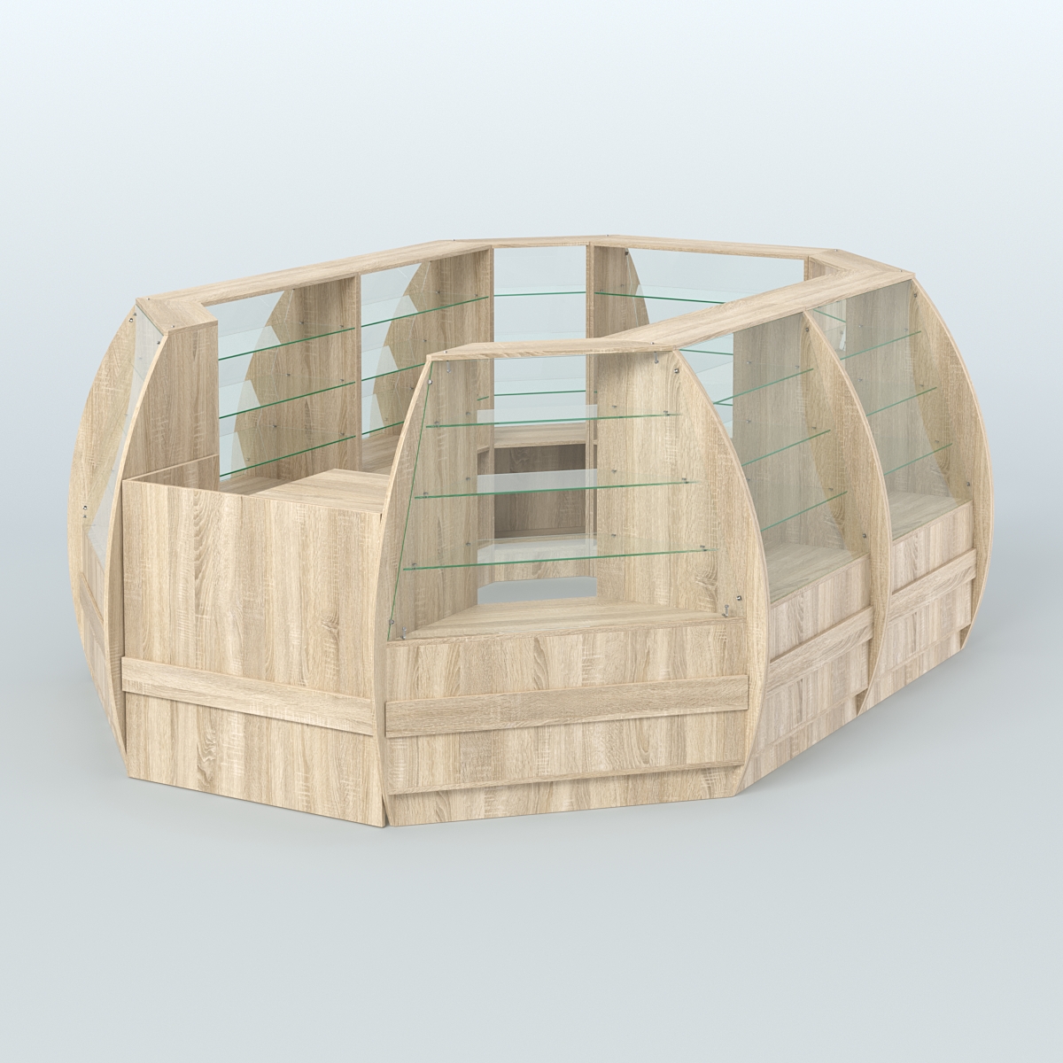 Торговый островок из стекла и дсп БРИЗ с полукруглым фасадом №2 Дуб сонома