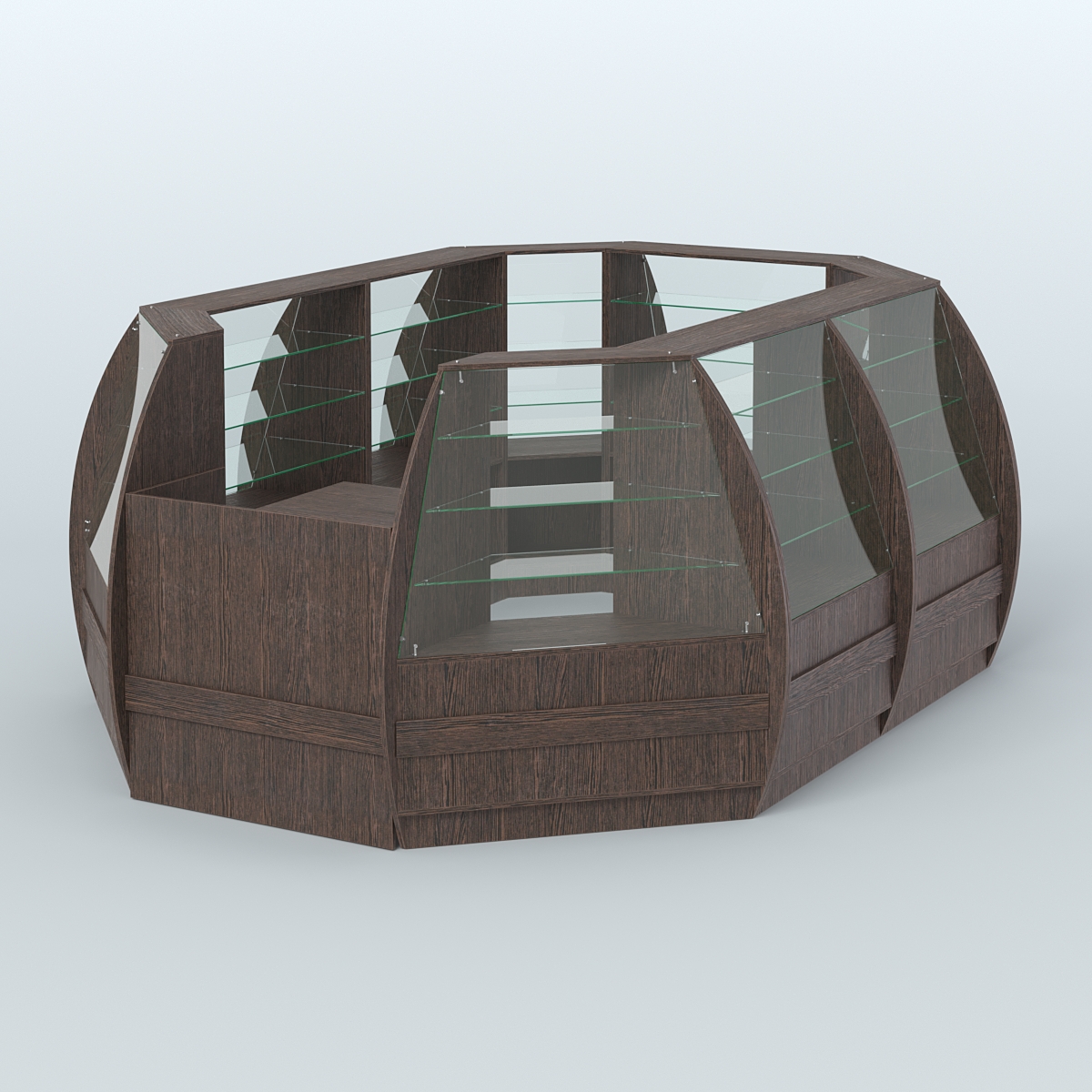 Торговый островок из стекла и дсп БРИЗ с полукруглым фасадом №2 Дуб Венге