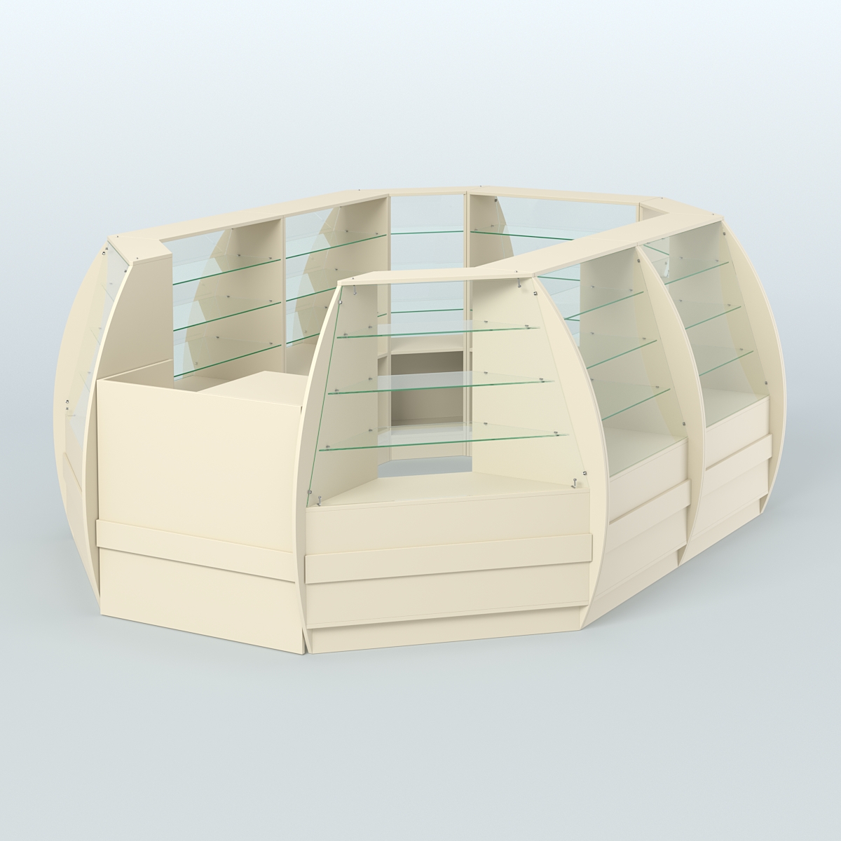 Торговый островок из стекла и дсп БРИЗ с полукруглым фасадом №2 Крем Вайс