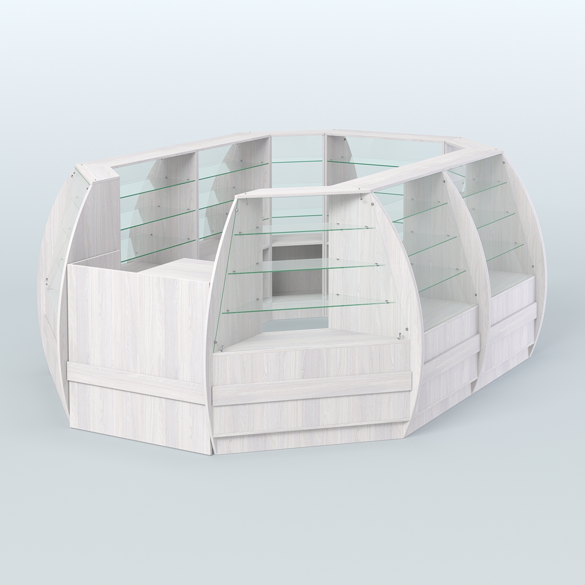 Торговый островок из стекла и дсп БРИЗ с полукруглым фасадом №2 Ясень Анкор светлый
