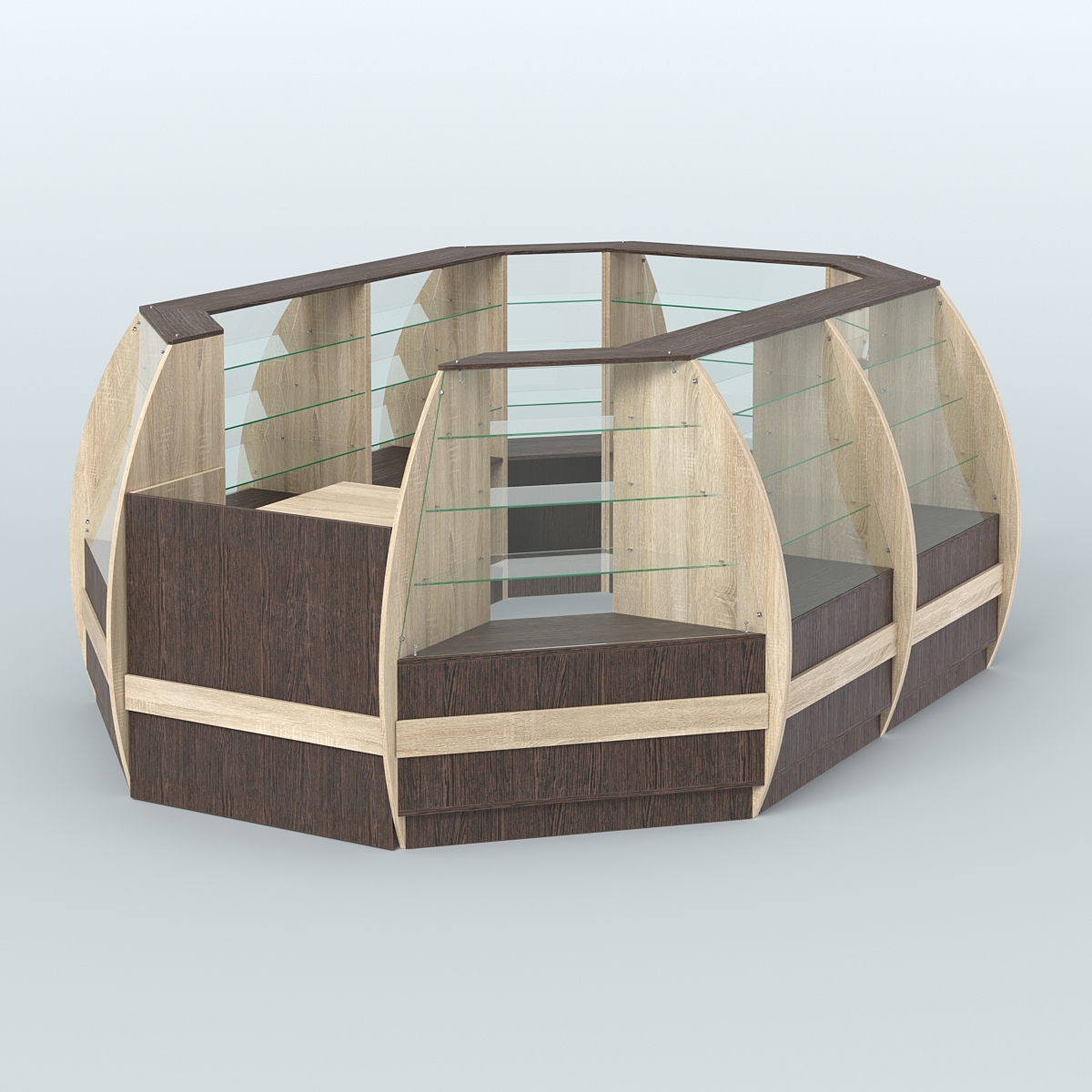 Торговый островок из стекла и дсп БРИЗ с полукруглым фасадом №2 Дуб Сонома + Дуб Венге