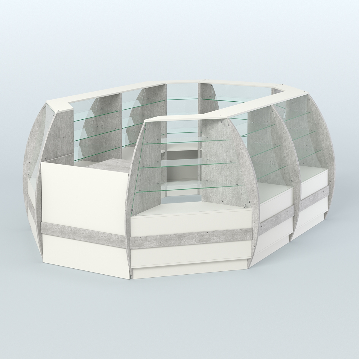 Торговый островок из стекла и дсп БРИЗ с полукруглым фасадом №2 Метрополитан Грей + Белый