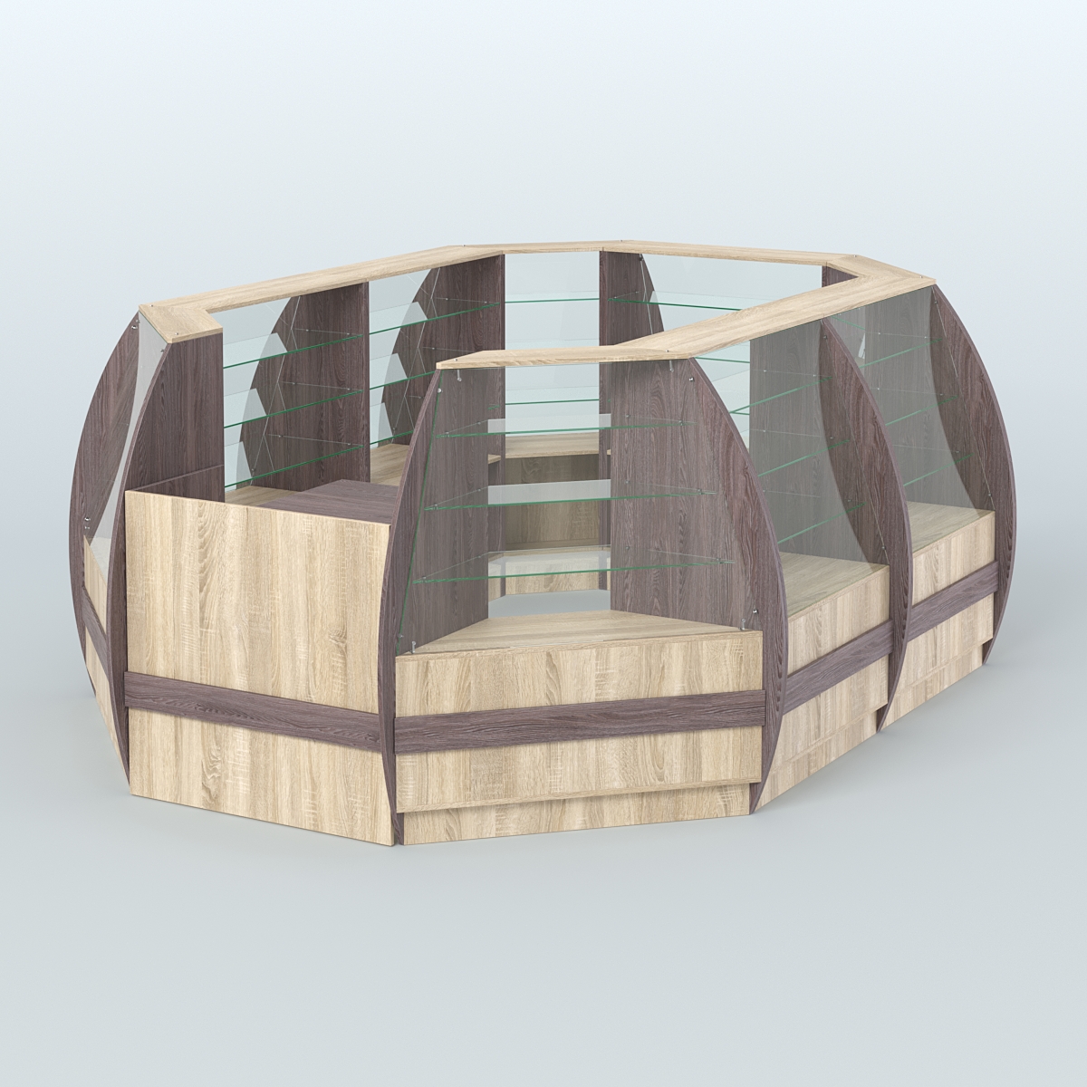 Торговый островок из стекла и дсп БРИЗ с полукруглым фасадом №2 Ясень Анкор темный и Дуб Сонома