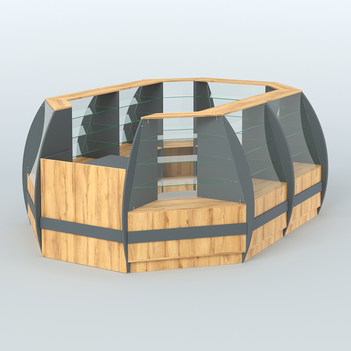 Торговый островок из стекла и дсп БРИЗ с полукруглым фасадом №2 Темно-Серый  + Дуб Золотистый