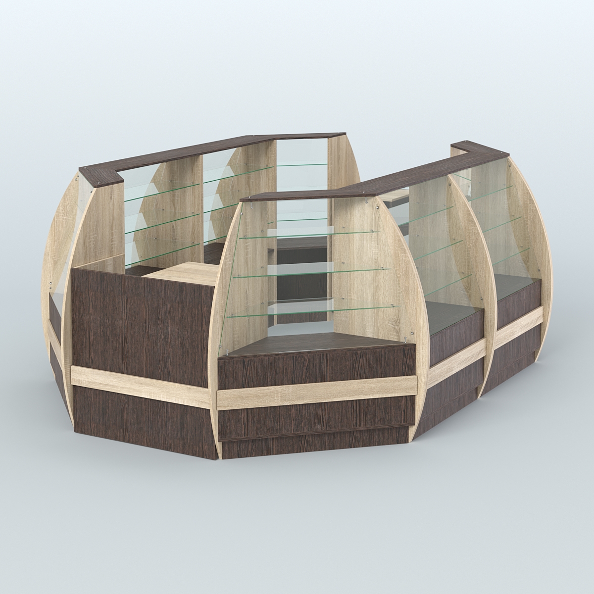 Торговый островок из стекла и дсп БРИЗ средний №3 Дуб Сонома + Дуб Венге