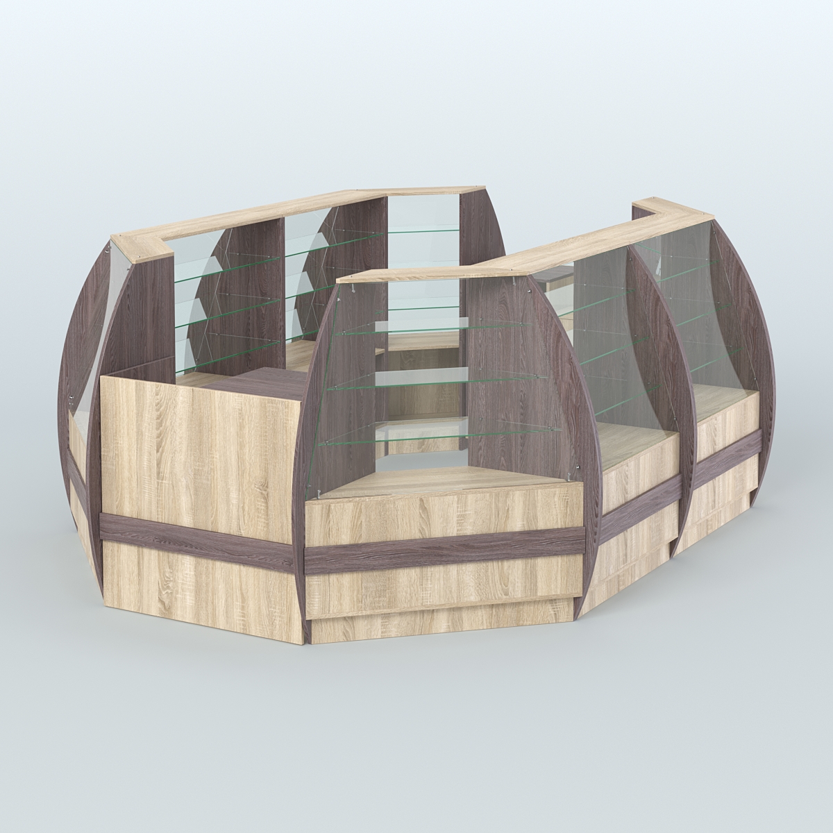 Торговый островок из стекла и дсп БРИЗ средний №3 Ясень Анкор темный и Дуб Сонома