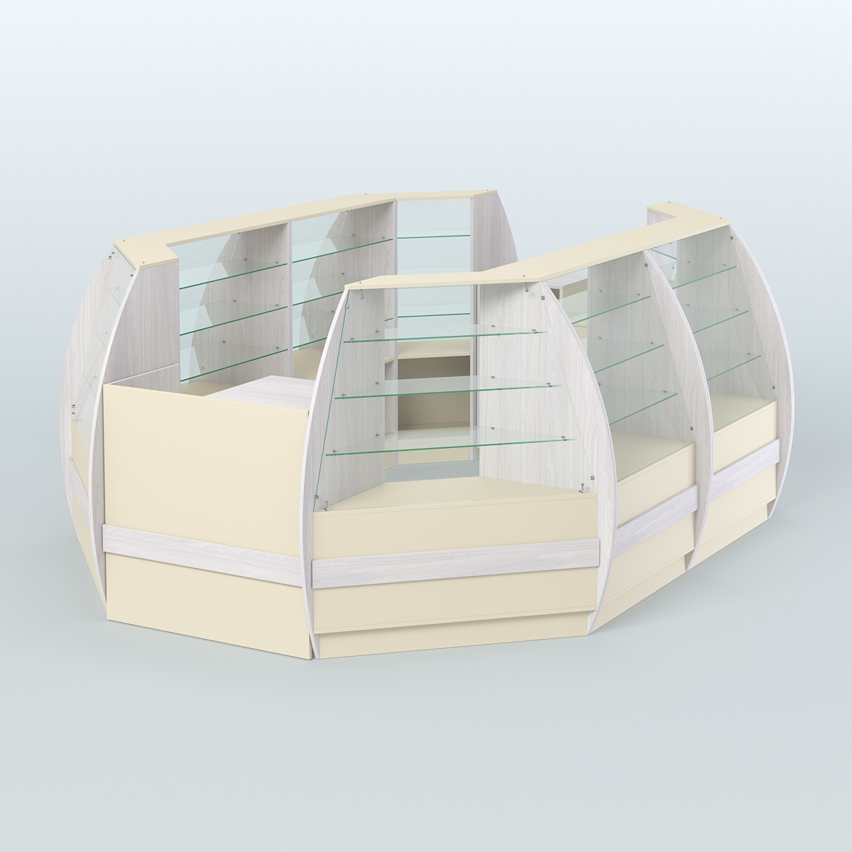 Торговый островок из стекла и дсп БРИЗ средний №3 Ясень Анкор светлый и Крем Вайс