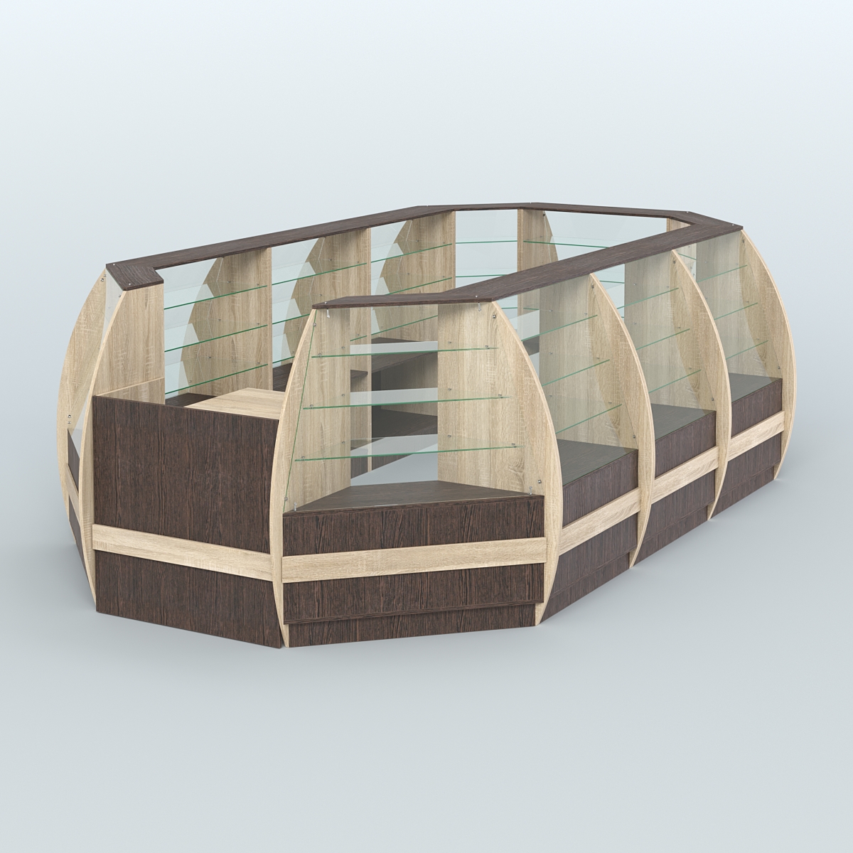 Торговый островок из стекла и дсп БРИЗ большой №4 Дуб Сонома + Дуб Венге