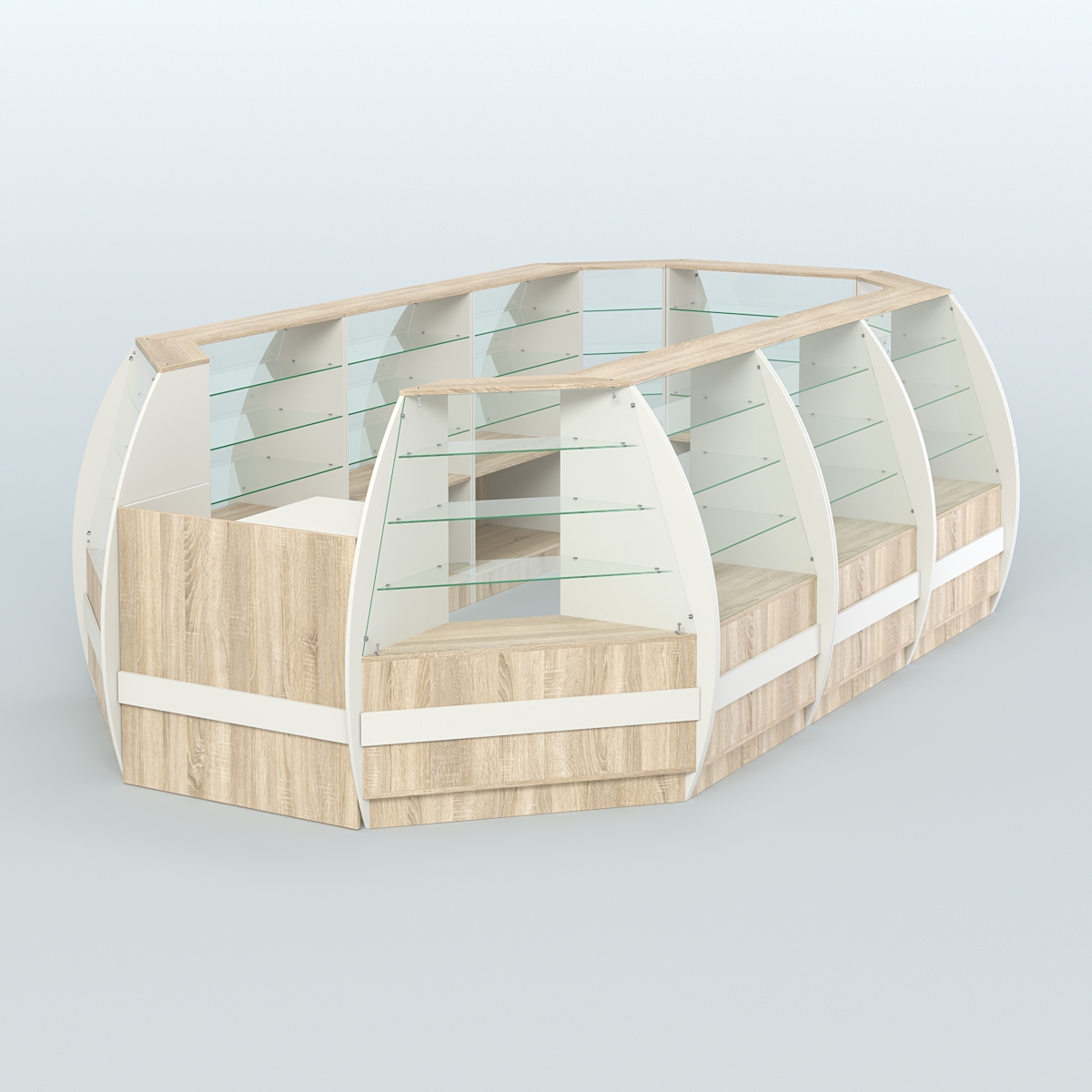 Торговый островок из стекла и дсп БРИЗ большой №4 Белый + Дуб Сонома