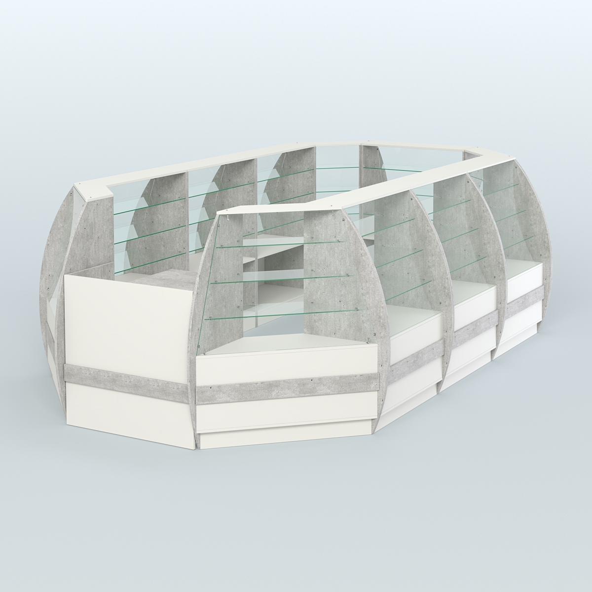 Торговый островок из стекла и дсп БРИЗ большой №4 Метрополитан Грей + Белый