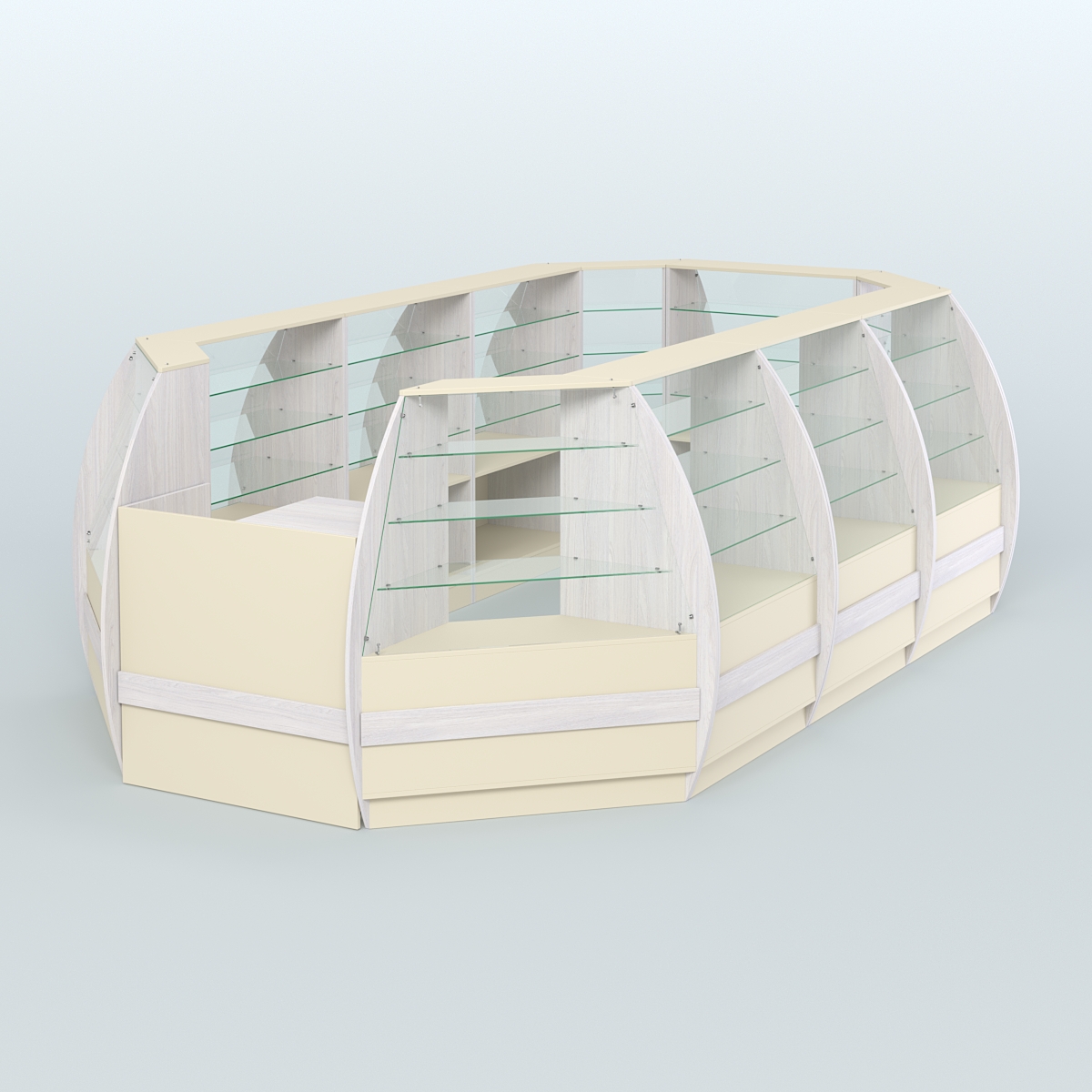 Торговый островок из стекла и дсп БРИЗ большой №4 Ясень Анкор светлый и Крем Вайс