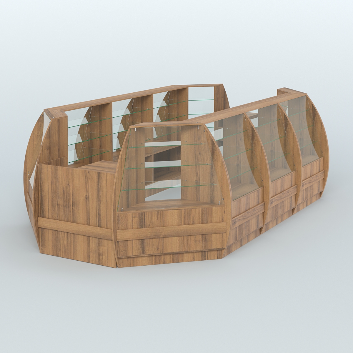 Торговый островок из стекла и дсп БРИЗ для двух продавцов №5 Орех