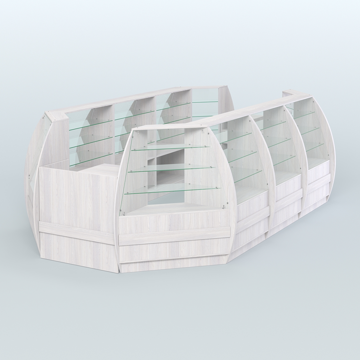 Торговый островок из стекла и дсп БРИЗ для двух продавцов №5 Ясень Анкор светлый