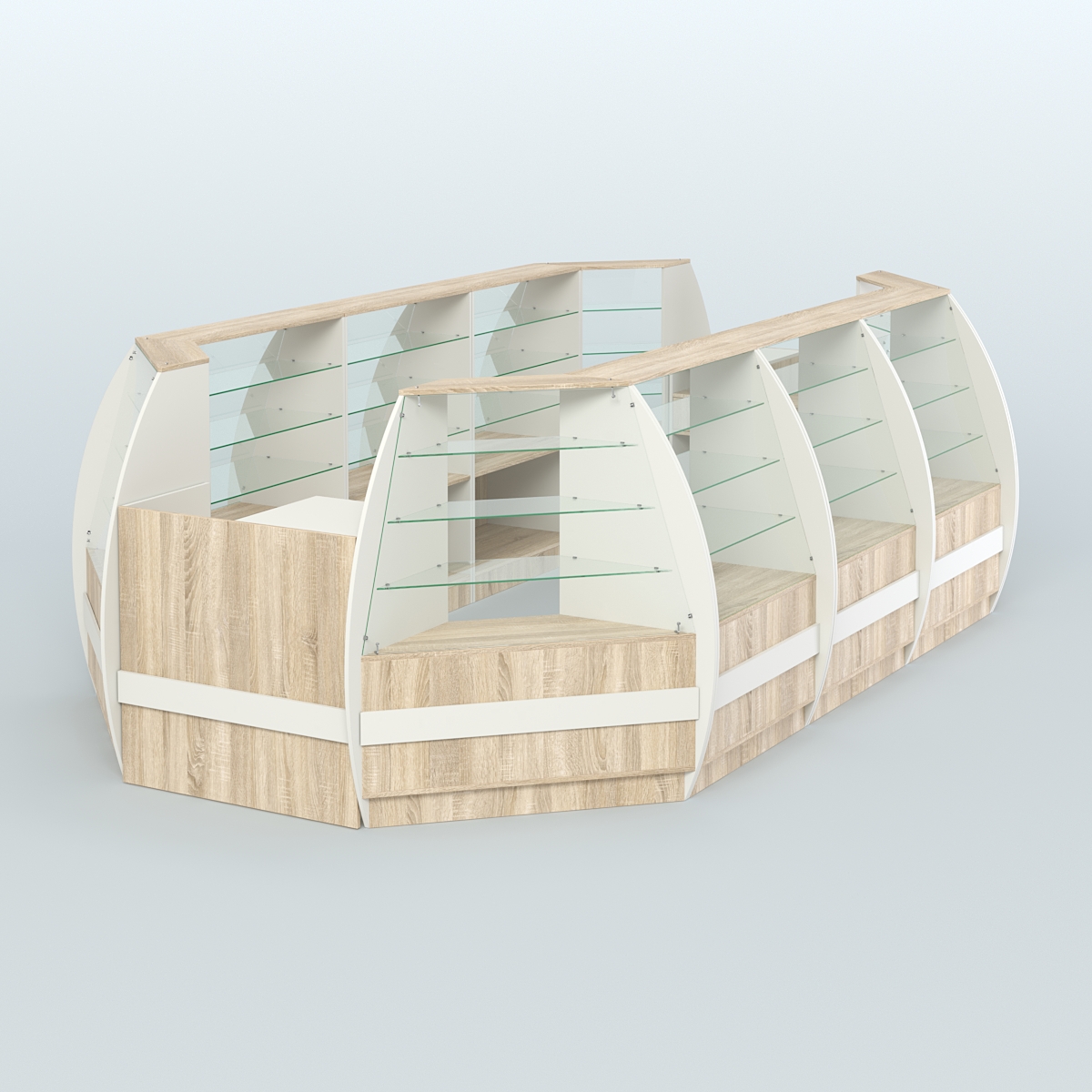 Торговый островок из стекла и дсп БРИЗ для двух продавцов №5 Белый + Дуб Сонома