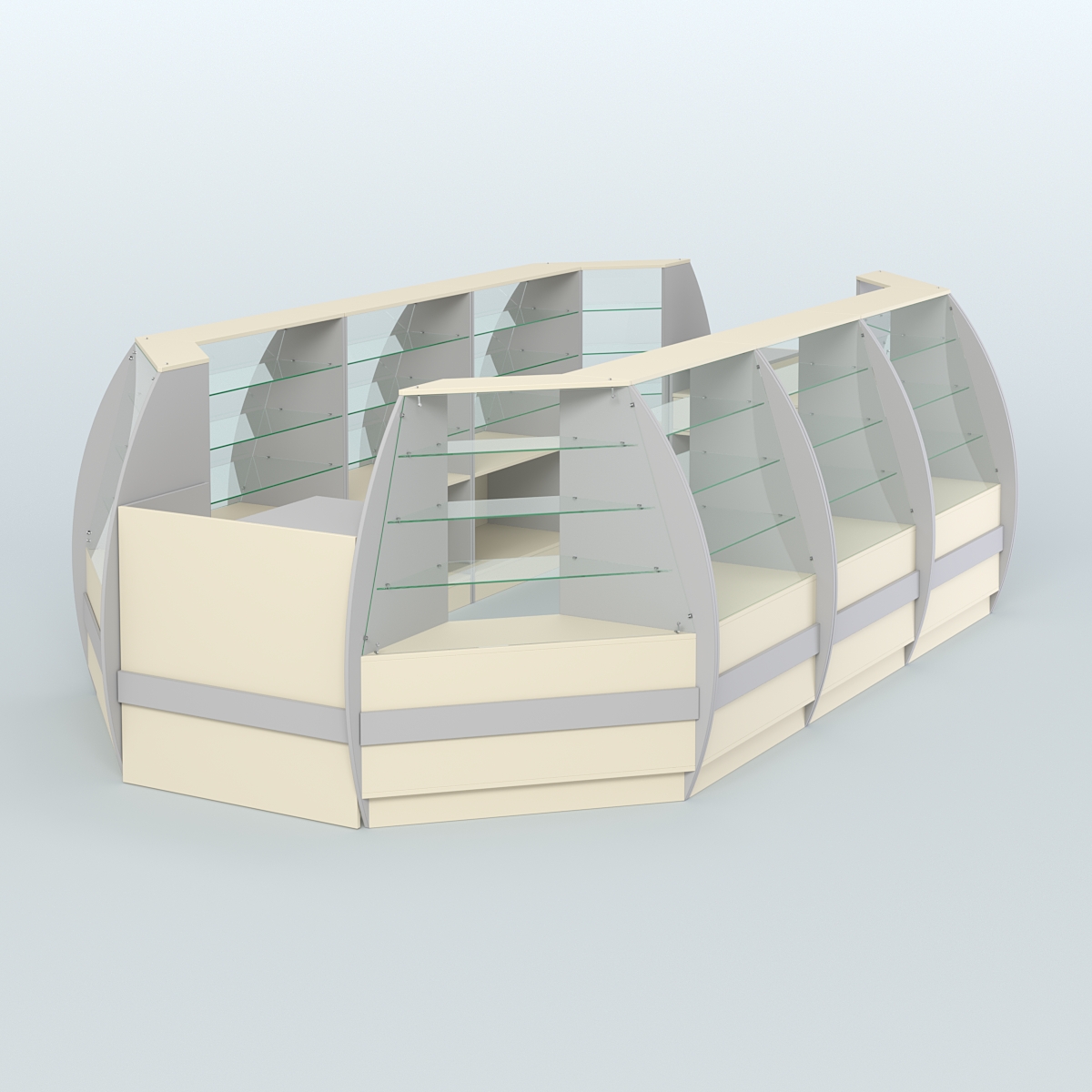 Торговый островок из стекла и дсп БРИЗ для двух продавцов №5 Серый + Крем Вайс