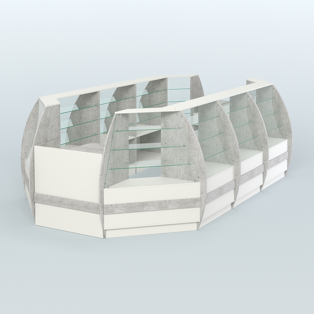 Торговый островок из стекла и дсп БРИЗ для двух продавцов №5 Метрополитан Грей + Белый