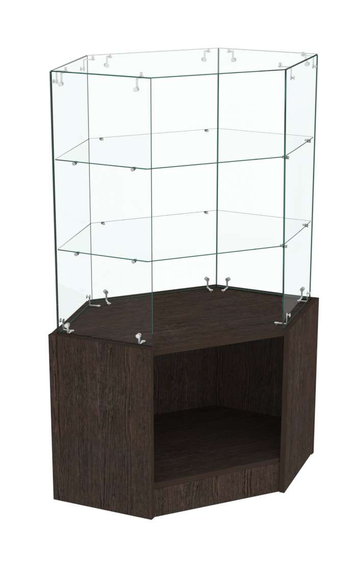 Узкий стеклянный прилавок СЛИМ №117 угловой с двумя полками  Дуб Венге