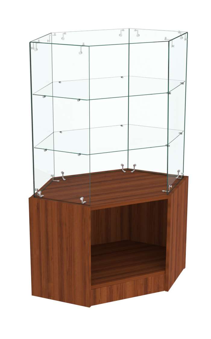 Узкий стеклянный прилавок СЛИМ №117 угловой с двумя полками  Орех