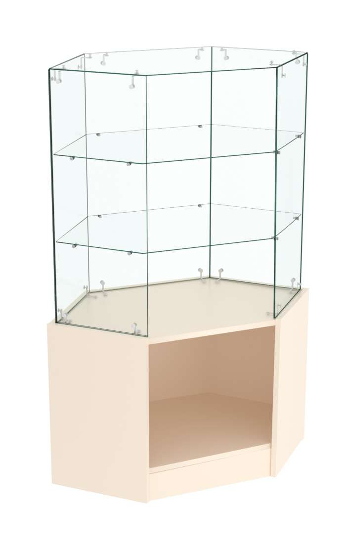 Узкий стеклянный прилавок СЛИМ №117 угловой с двумя полками  Крем Вайс